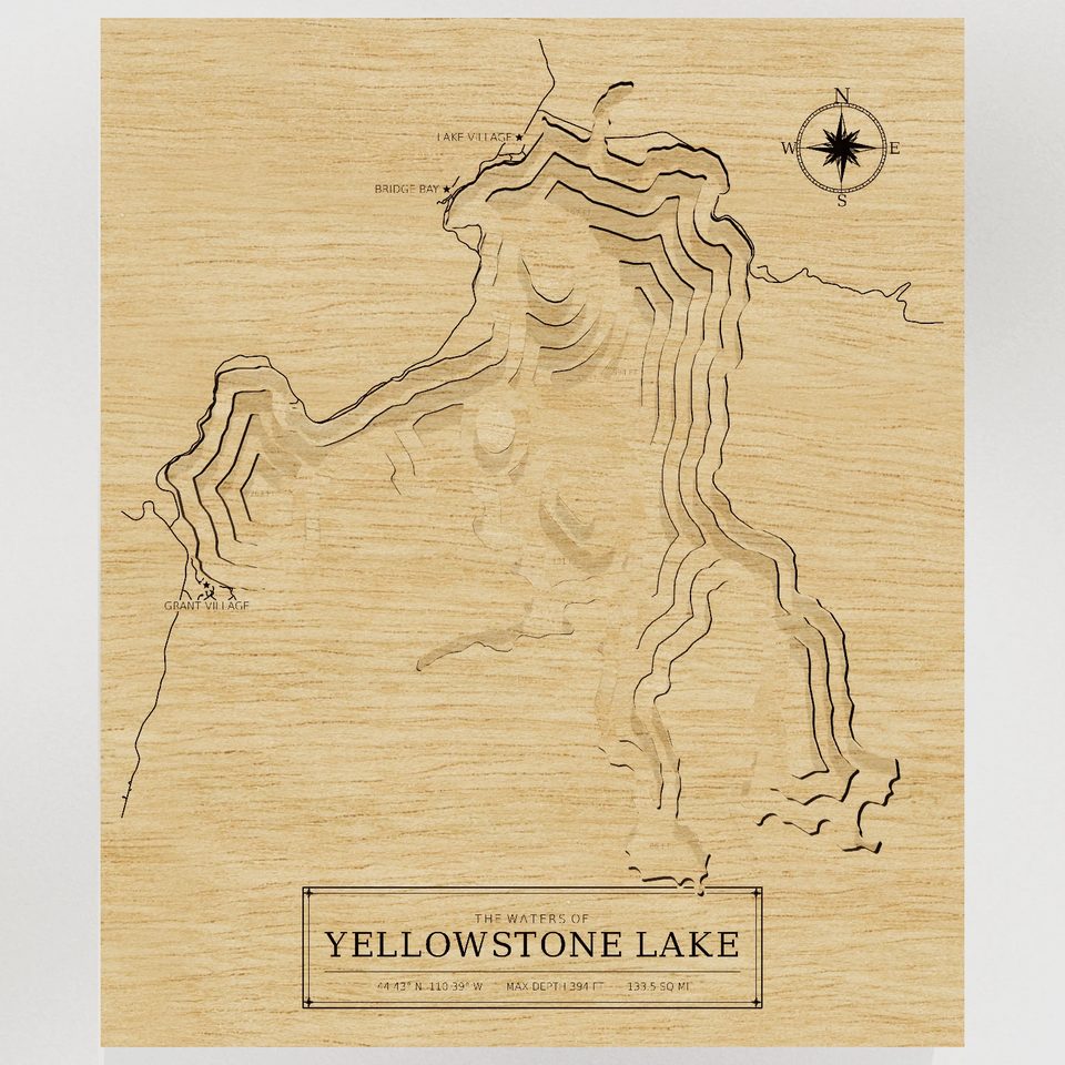 Yellowstone Lake 3D wood map, front view